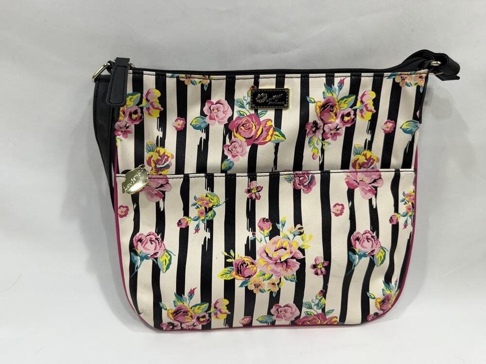 Luv BETSEY JOHNSON Black with Pink Rose Crossbody Bag Purse Gold Chain Strap
